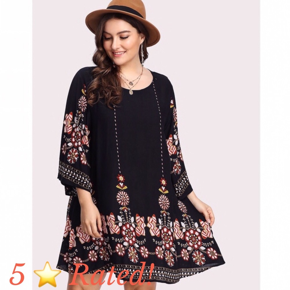 Plus Size Boho Floral Print Tunic Dress 5 Stars
